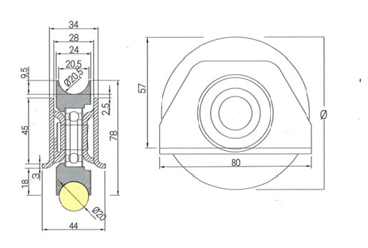 Esquema medidas rueda puerta corredera 80 mm con soporte para soldar